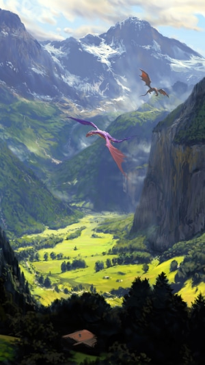 Dragons flying over a mountain valley landscape