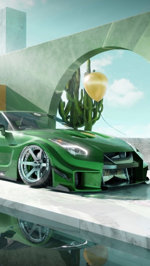 Green Nissan GT-R with Balloon and Cactus