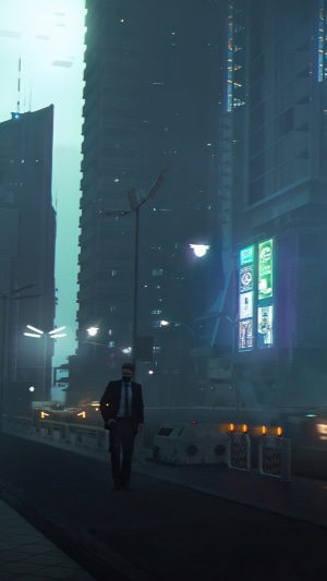 Man in suit walking in a cyberpunk city
