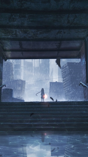 Anime girl with lantern in ruined city