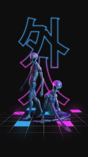 Two aliens in front of Japanese characters and neon grid