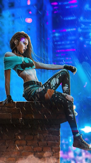 Cyberpunk woman with Batman symbol