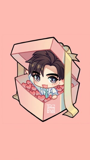 Chibi character in a gift box with hearts