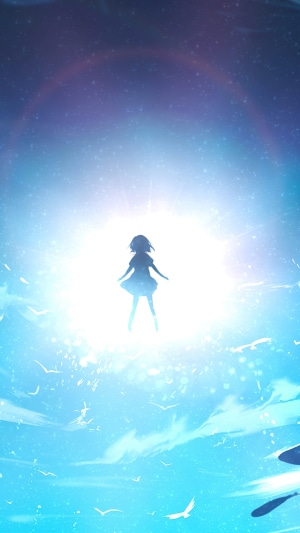 Anime girl floating in bright light with birds