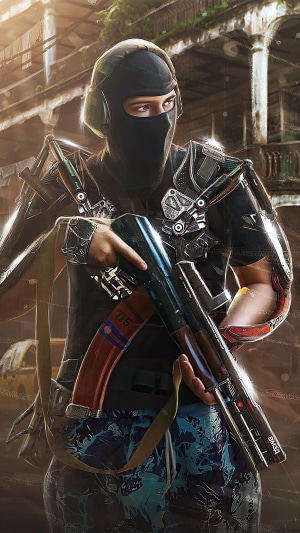 Soldier with AK-47 in ruined building