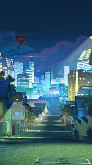 Anime Cityscape at Night with Stop Sign