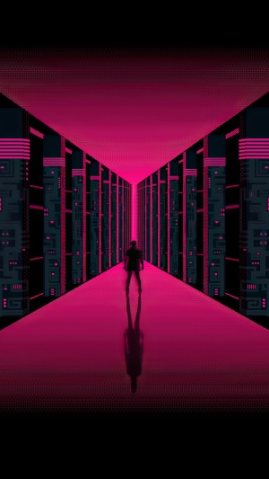 Man standing in a neon pink digital corridor