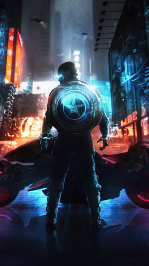 Captain America in a Cyberpunk City