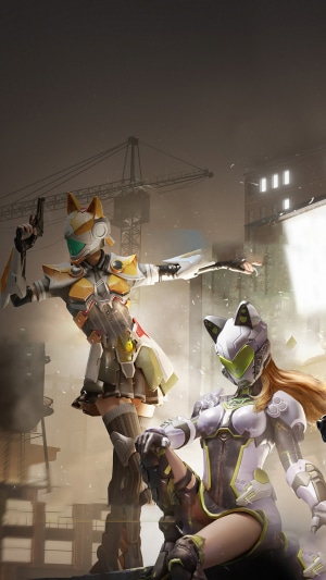 Two female characters in futuristic armor with cat ears