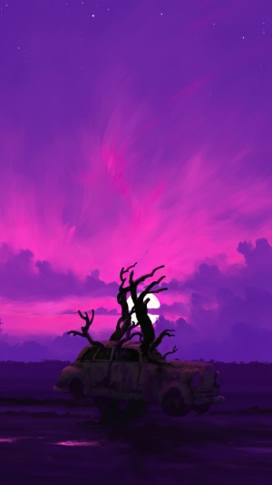 Abandoned car with tree growing through it under a purple sky