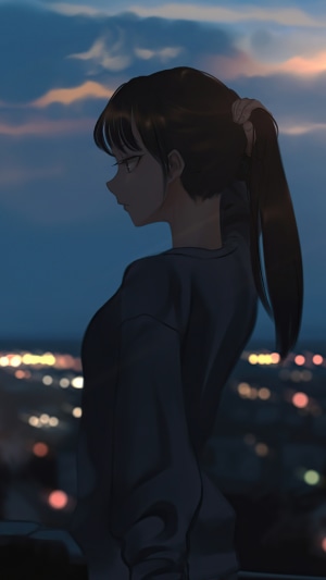 Anime girl with ponytail at dusk overlooking city lights