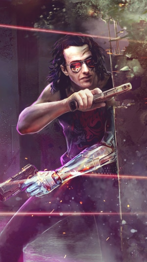 Man with cybernetic arm holding guns in Cyberpunk 2077