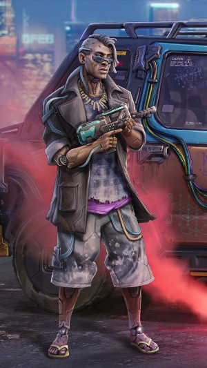 Cyberpunk 2077 character with gun and vehicle