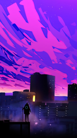 Figure with glowing circle on chest overlooking city at sunset