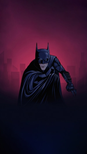 Batman in front of Gotham City skyline