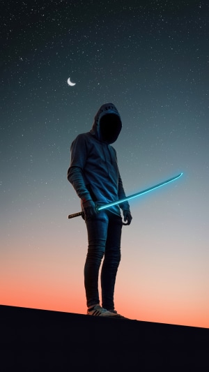 Hooded figure with glowing sword under starry sky