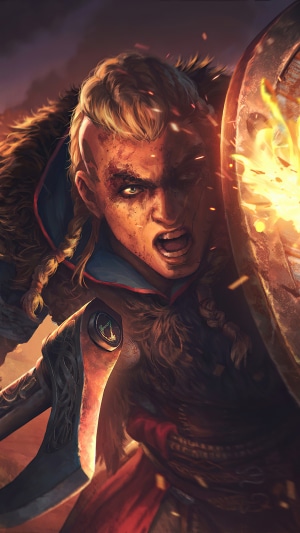 Eivor from Assassin's Creed Valhalla with shield and axe