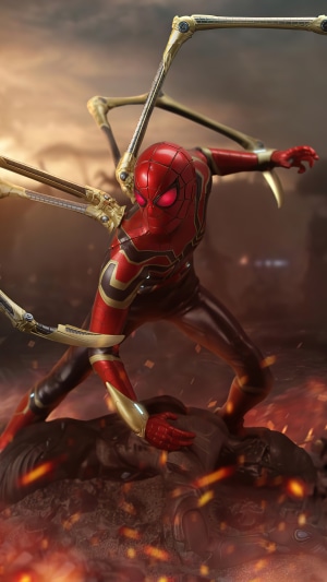 Spider-Man in Iron Spider suit fighting on a battlefield