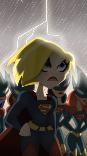 Supergirl and allies in a stormy scene