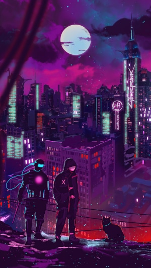 Cyberpunk Cityscape with Two Figures and a Cat