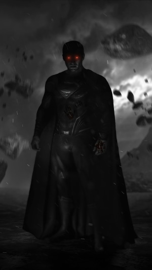 Monochrome artwork of a dark Superman with red eyes
