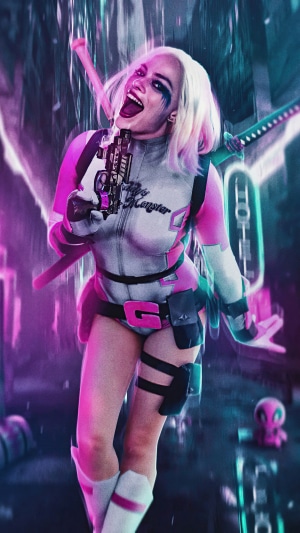 Harley Quinn from DC Comics with swords and gun
