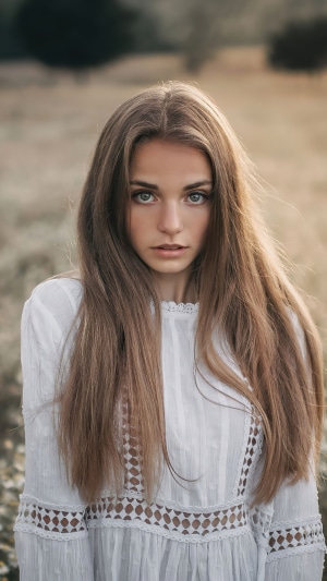 Young blonde girl in white dress in field 4K