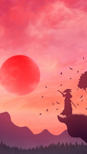 Samurai warrior at sunset with a large red sun