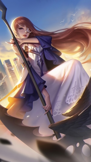 Fantasy girl with scythe in front of city skyline