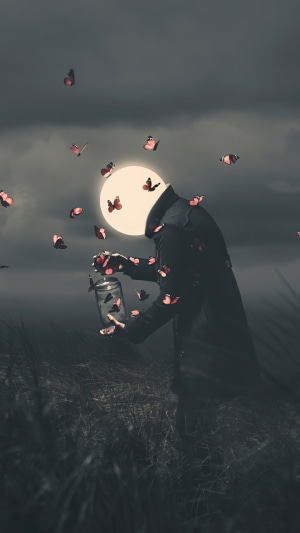 Surreal dark digital art with butterflies and glowing moon