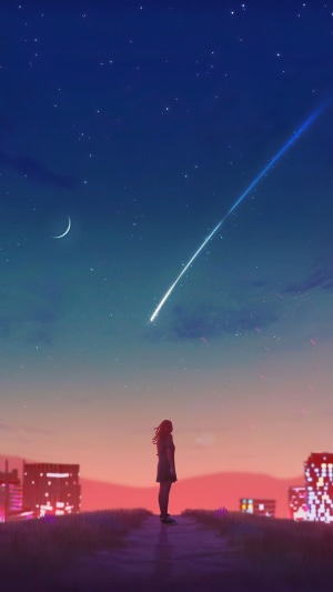 Girl watching a shooting star over city 4K