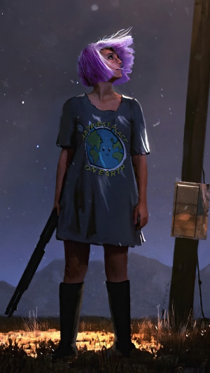 Girl with purple hair and shotgun