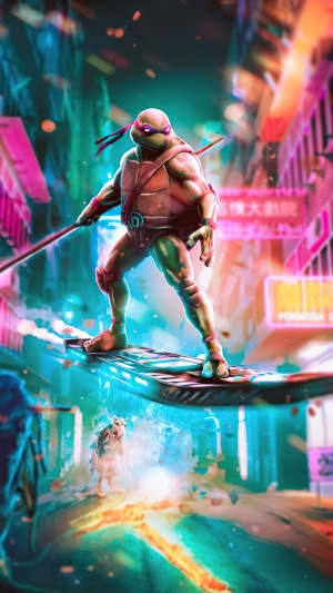 Donatello from Teenage Mutant Ninja Turtles on a hoverboard in cyberpunk city