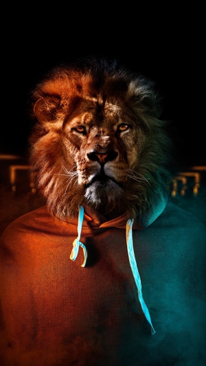 Lion wearing a hoodie with colorful lighting