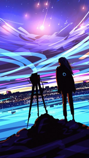 Girl with camera watching meteor shower over city