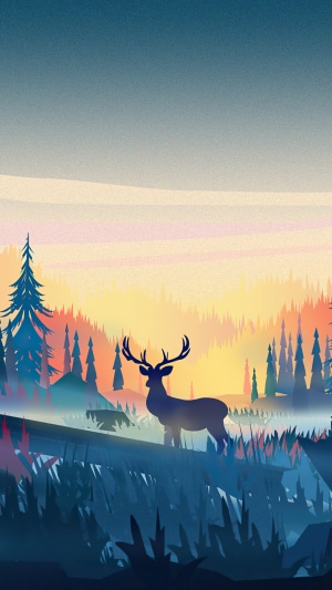 Minimalist artwork of a deer in a forest at sunset