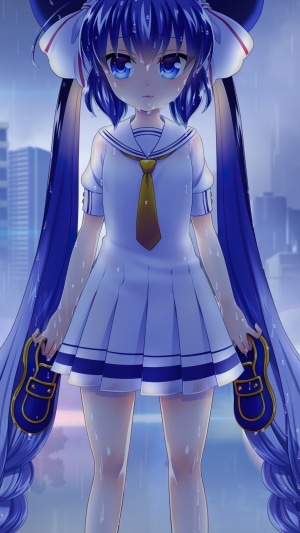 Anime girl in sailor uniform in the rain