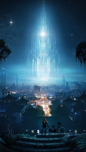 Girl with bicycle overlooking futuristic city at night