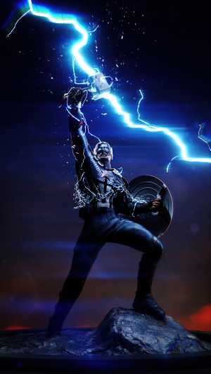 Captain America wielding Mjolnir with lightning