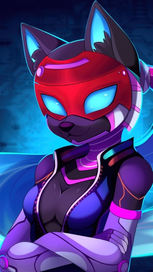 Furry character with red mask and blue eyes