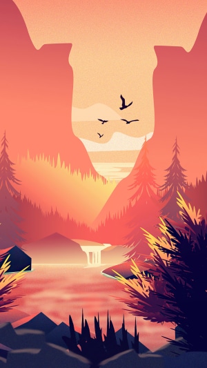 Minimalist digital art of a forest landscape at sunset