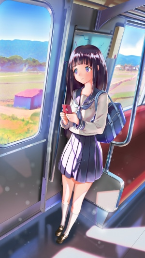Anime girl on a train looking at her phone