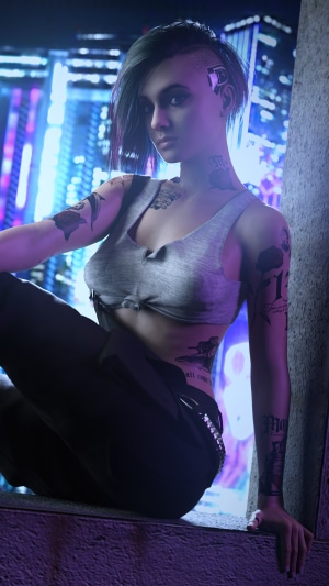 Woman with tattoos in a cyberpunk city