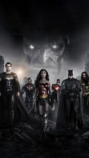 Justice League with Superman, Wonder Woman, Batman, Aquaman, Cyborg, Flash, and Darkseid