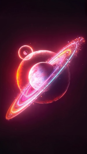 Digital art of planets with glowing rings