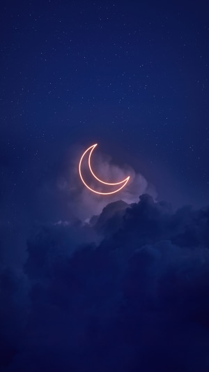 Neon crescent moon in a starry night sky
