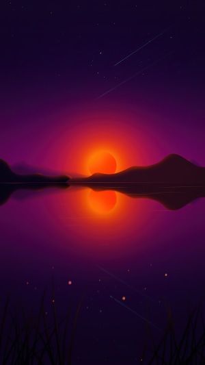 Sunset over a lake with mountains and stars