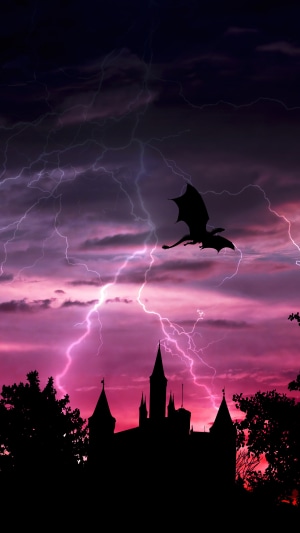 Dragon flying over a castle during a lightning storm