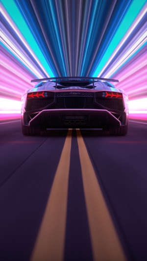 Lamborghini Aventador driving through neon lights