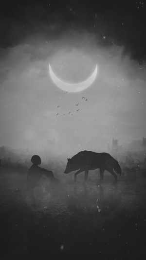 Wolf and person under a crescent moon